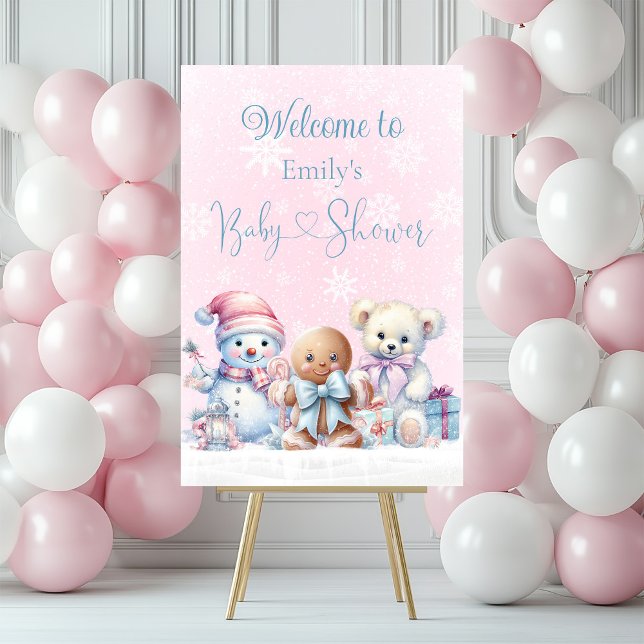 Girl Winter Wonderland Baby Shower Welcome Sign (Adorable winter baby shower welcome sign with snowman, gingerbread cookie, teddy bear and pink snow.)