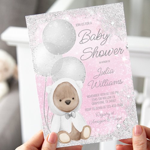 Girl Winter Wonderland Teddy Bear Baby Shower  Invitation
