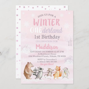 Girl Winter Woodland 1st Birthday Invitation