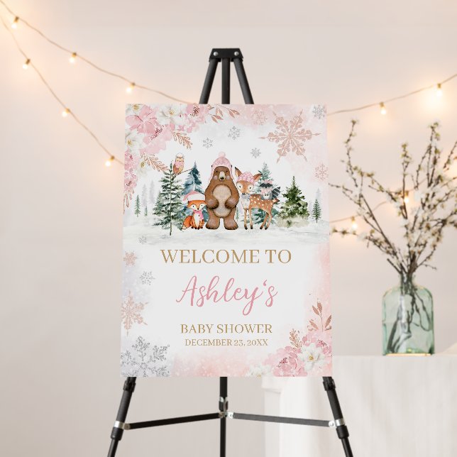Girl Winter Woodland Baby Shower Welcome Sign (In Situ (Stand))