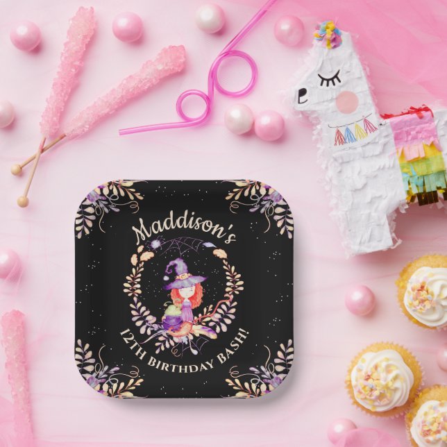 Girl Witch Birthday Watercolor Paper Plates (Party)