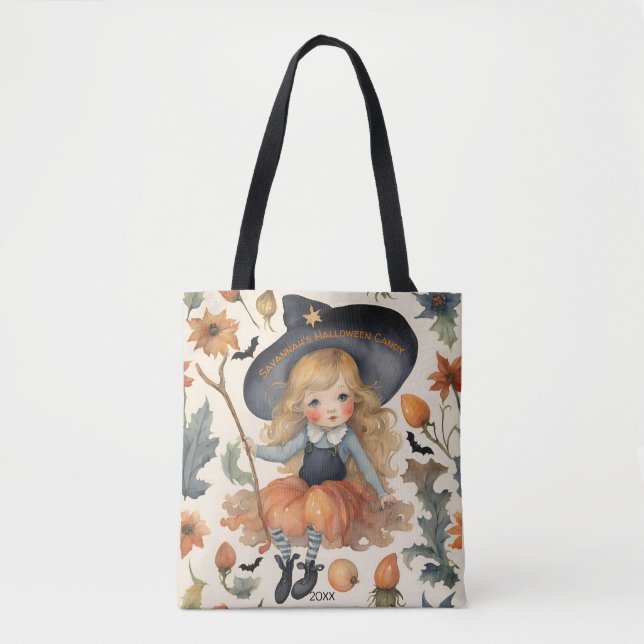 Girl Witch Personalized Halloween Candy Tote Bag (Front)
