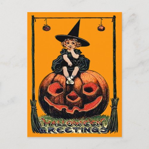 Girl Witch Smiling Jack O Lantern Black Cat Postcard