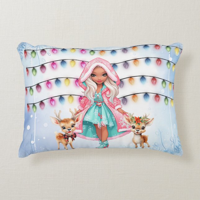 girl with 2 little deer's and Christmas lights Accent Pillow (Front)