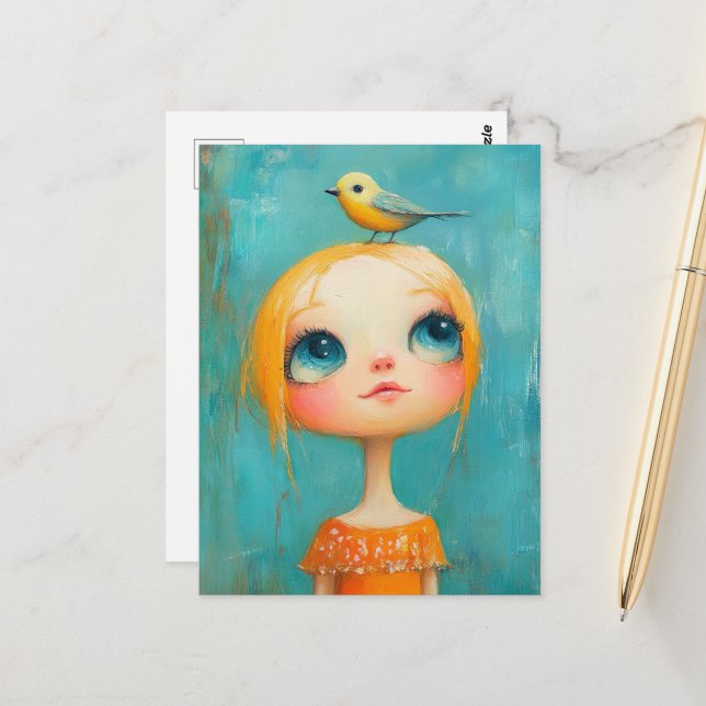 Girl with a bird on her head postcard (Front/Back In Situ)