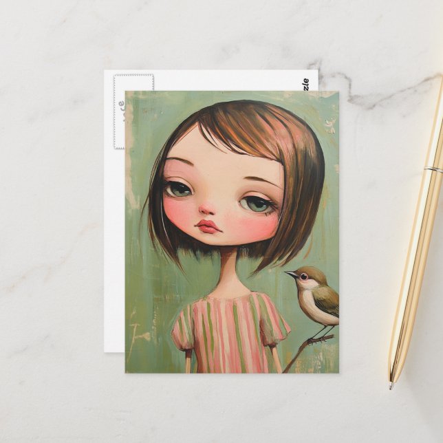 Girl With a Bird Postcard (Front/Back In Situ)