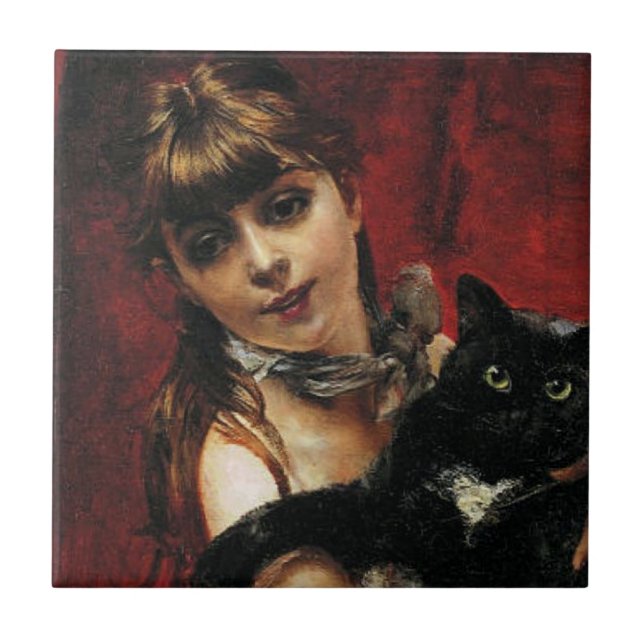 Girl With a Black Cat in Her Arms Ceramic Tile (Front)