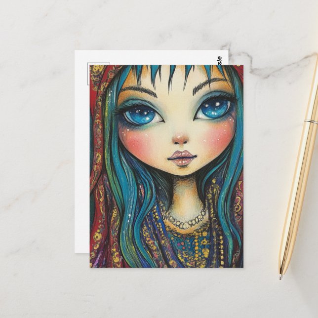 Girl With a Blue Eyes and Hair Postcard (Front/Back In Situ)