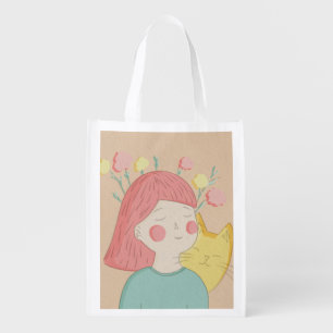girl with a cat grocery bag