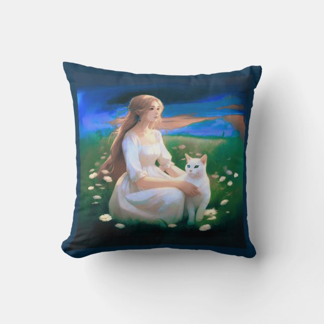 Girl with a Cat in a Meadow at Twilight  Throw Pillow (Front)