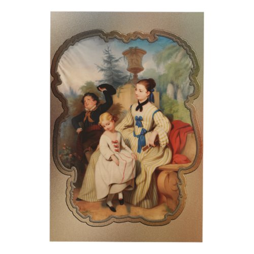 Girl With A Fan And Two Children In Elegant Dress Wood Wall Art