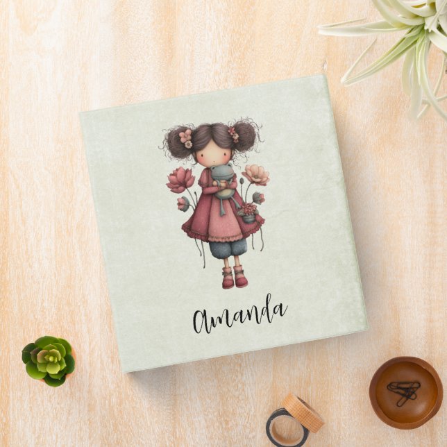 Girl with A Frog Doll Cute Whimsical 3 Ring Binder (In Situ)