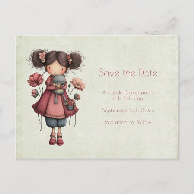 Girl with A Frog Doll Cute Whimsical Announcement Postcard (Front)