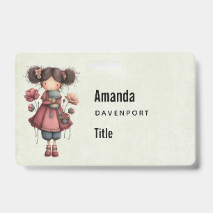 Girl with A Frog Doll Cute Whimsical Business Badge