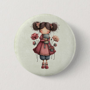 Girl with A Frog Doll Cute Whimsical Button