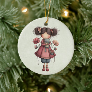 Girl with A Frog Doll Cute Whimsical Ceramic Ornament