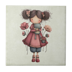 Girl with A Frog Doll Cute Whimsical Ceramic Tile