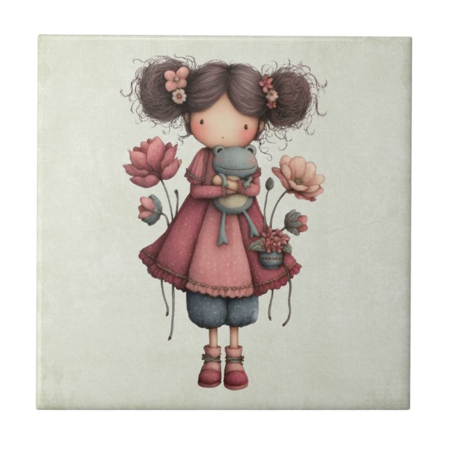 Girl with A Frog Doll Cute Whimsical Ceramic Tile (Front)