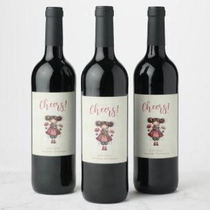 Girl with A Frog Doll Cute Whimsical Cheers Wine Label