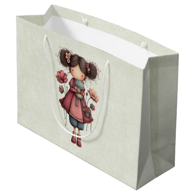 Girl with A Frog Doll Cute Whimsical Large Gift Bag (Back Angled)