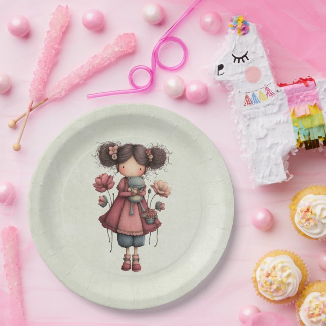Girl with A Frog Doll Cute Whimsical Paper Plates (Party)