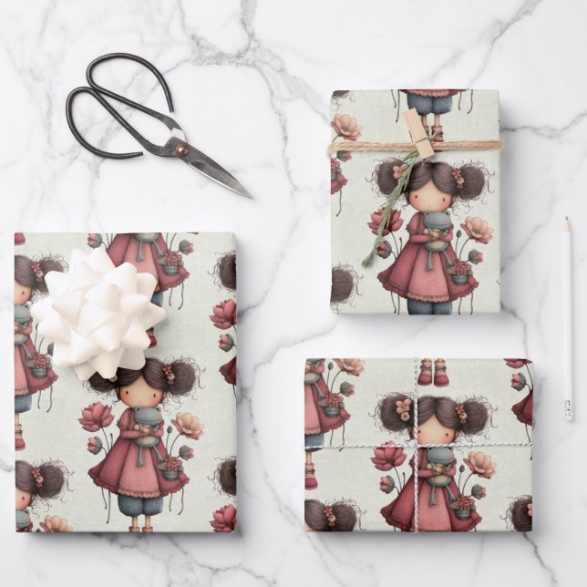 Girl with A Frog Doll Cute Whimsical Pattern Wrapping Paper Sheets (Front)