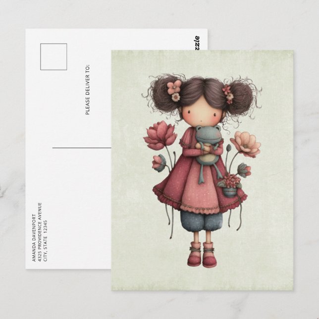 Girl with A Frog Doll Cute Whimsical Postcard (Front/Back)
