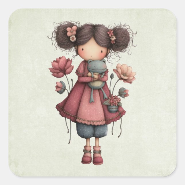 Girl with A Frog Doll Cute Whimsical Square Sticker (Front)