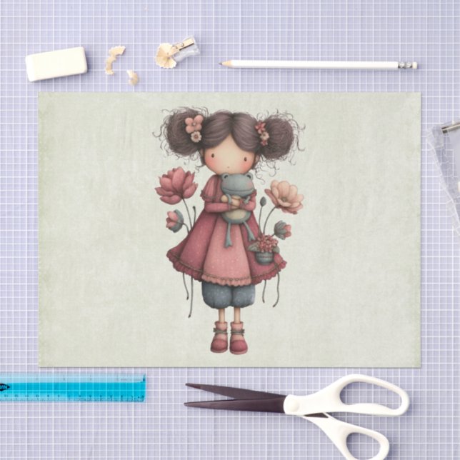 Girl with A Frog Doll Cute Whimsical Tissue Paper (Craft)