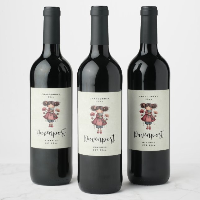 Girl with A Frog Doll Cute Whimsical Wine Making Label (Bottles)