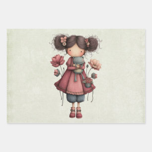 Girl with A Frog Doll Cute Whimsical Wrapping Paper Sheets