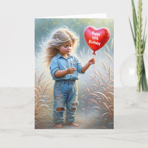 Girl With a Heart Balloon for 10th Birthday Card