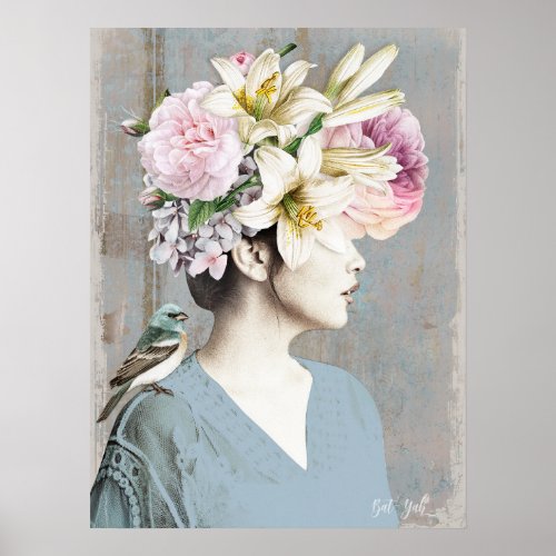 Girl with a Huge Flower Wreath Artwork Archival Poster