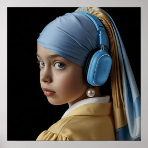 Girl with a Pearl Earring and Blue Headphones Auti Poster