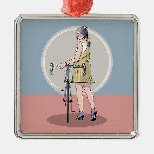 Girl with a pearl earring road bike metal ornament