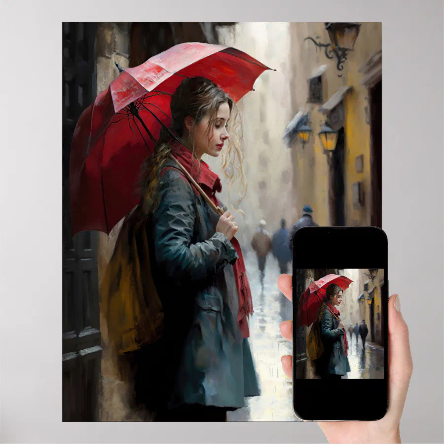 Girl with a Red Umbrella on the Streets of Paris Poster (Downloadable)