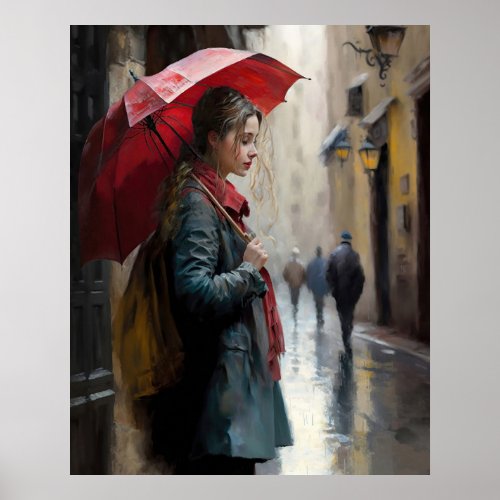Girl with a Red Umbrella on the Streets of Paris Poster