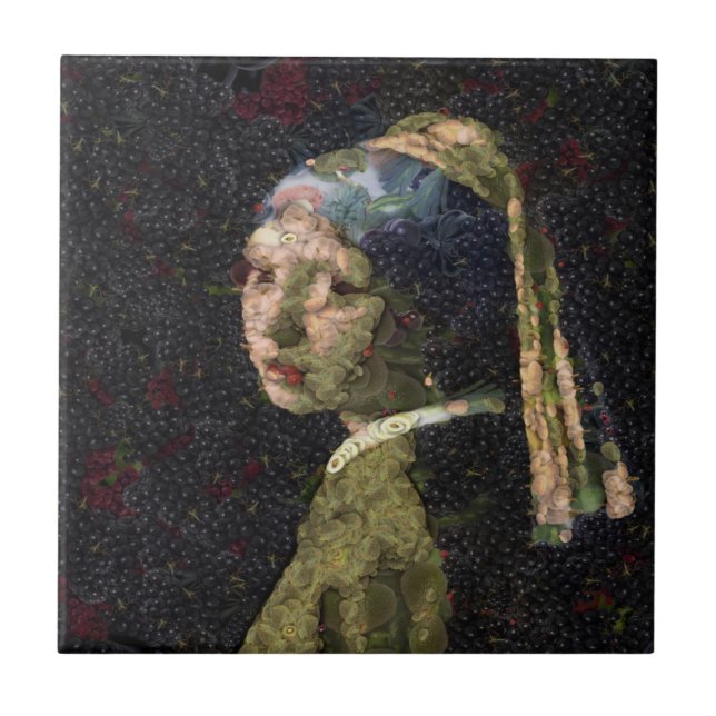 Girl With A Strawberry Earring Fine Art Spoof  Ceramic Tile (Front)