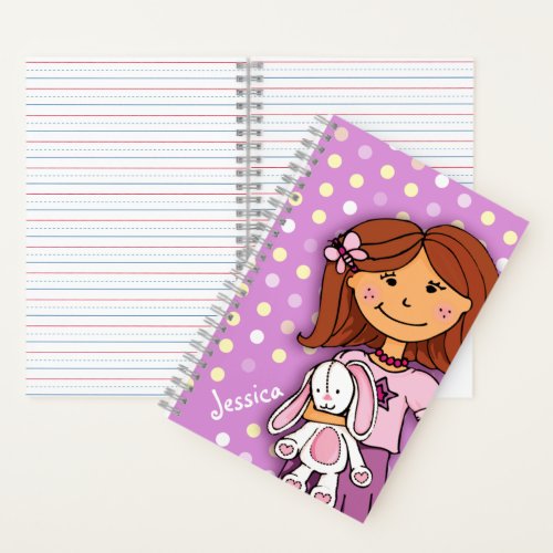 Girl with a white bunny lilac purple polka dot notebook