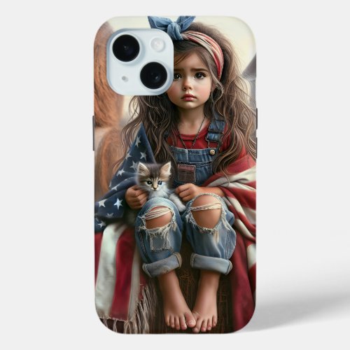 Girl With American Flag And Kitten iPhone 15 Case