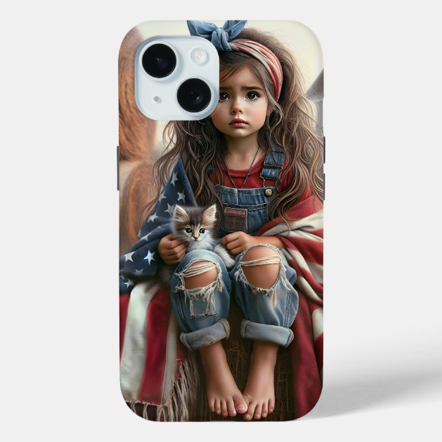 Girl With American Flag And Kitten Case-Mate iPhone Case (Back)