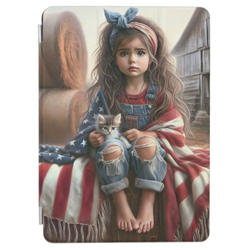 Girl With American Flag And Kitten iPad Air Cover