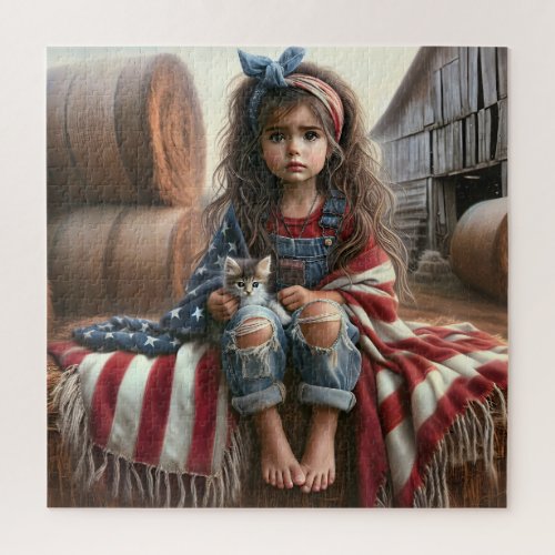 Girl With American Flag And Kitten Jigsaw Puzzle