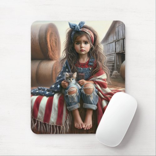 Girl With American Flag And Kitten Mouse Pad