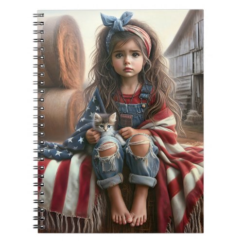 Girl With American Flag And Kitten Notebook