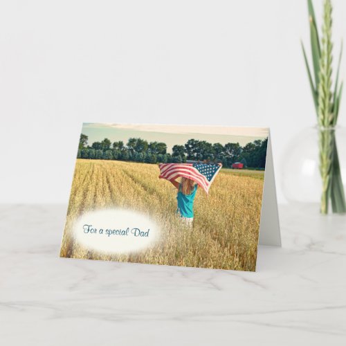 Girl With American Flag In a Farm Field Card