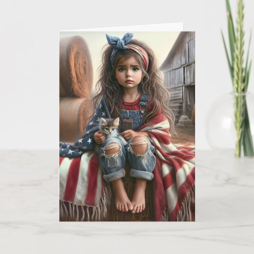 Girl With American Flag Veteran Thank You Card