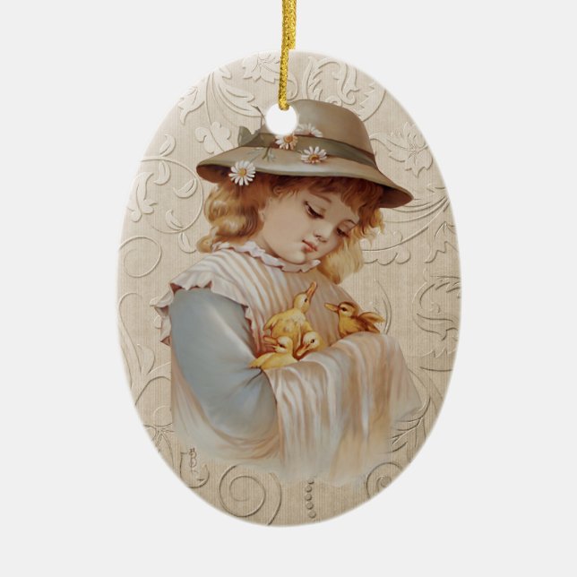 Girl with Baby Ducks Ceramic Ornament (Front)