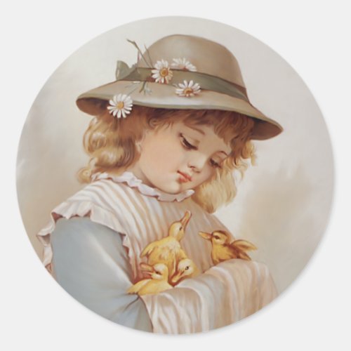 Girl with Baby Ducks Classic Round Sticker