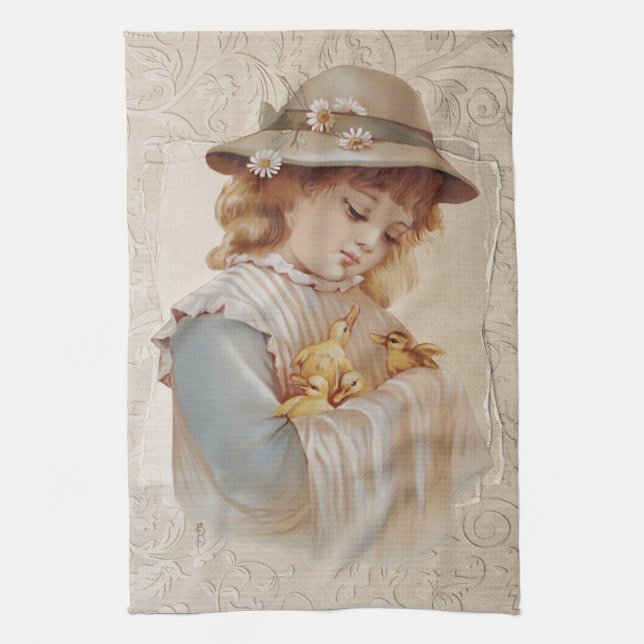 Girl with Baby Ducks Kitchen Towel (Vertical)